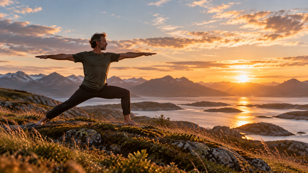 Yogahaltung in den Bergen als Verbindung von Stabilität, Kraft und Weite