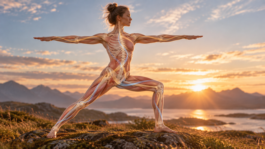 Anatomische Darstellung eines Körpers in einer Yogahaltung