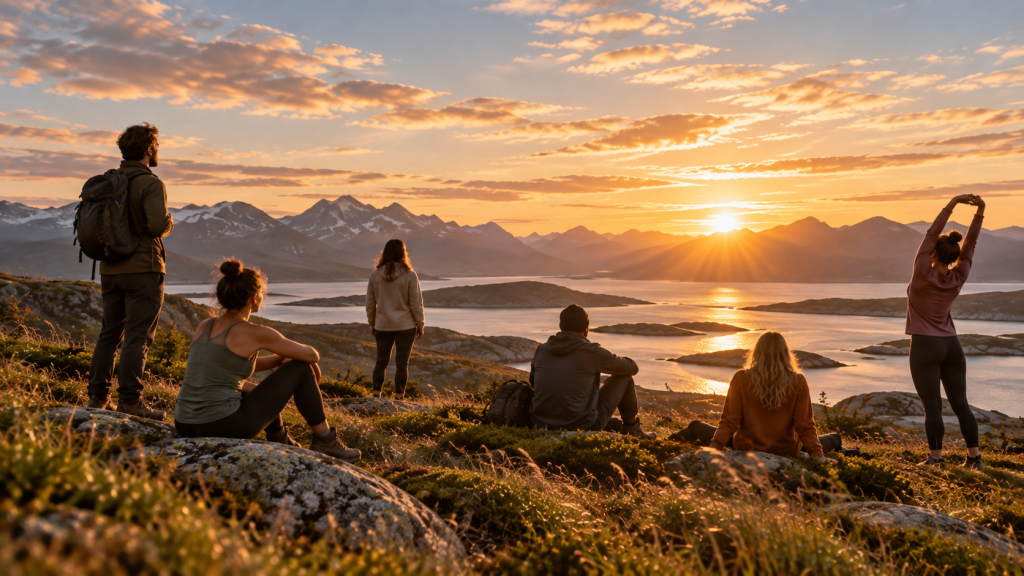 Menschen gemeinsam in einer Berglandschaft bei Sonnenuntergang