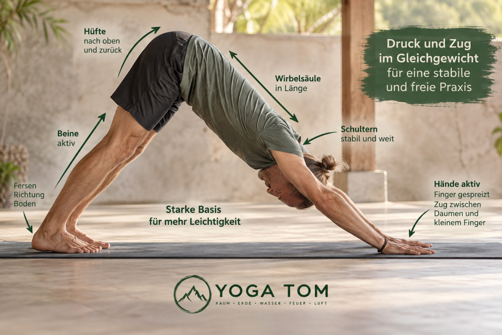 Herabschauender Hund mit aktiven Händen und organisierter Belastung im Yoga